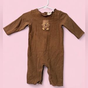 Vintage Old Navy Brown Soft Cotton Owl Appliqué Long Romper Size 3–6 Months